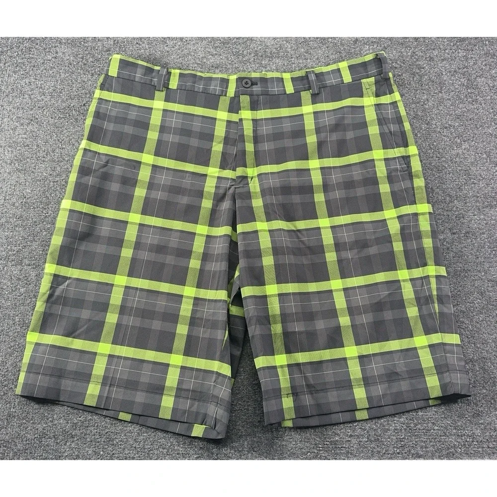 Nike Men's Dri-Fit Golf Shorts Size 38. Black Neon Green Plaid Polyester EUC